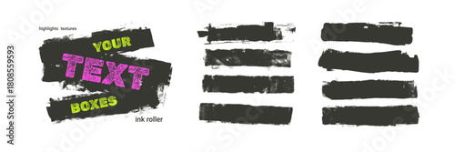 Grunge text boxes wide line textures elements. Thick straight black brush strokes callouts. Smear handmae line linocut textures. Punk wall graffiti vector rolled lino cut streaks on white background.