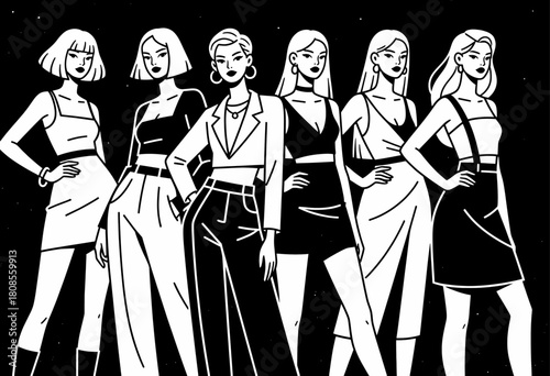Stylish women in fashionable outfits, minimalist black-and-white illustration