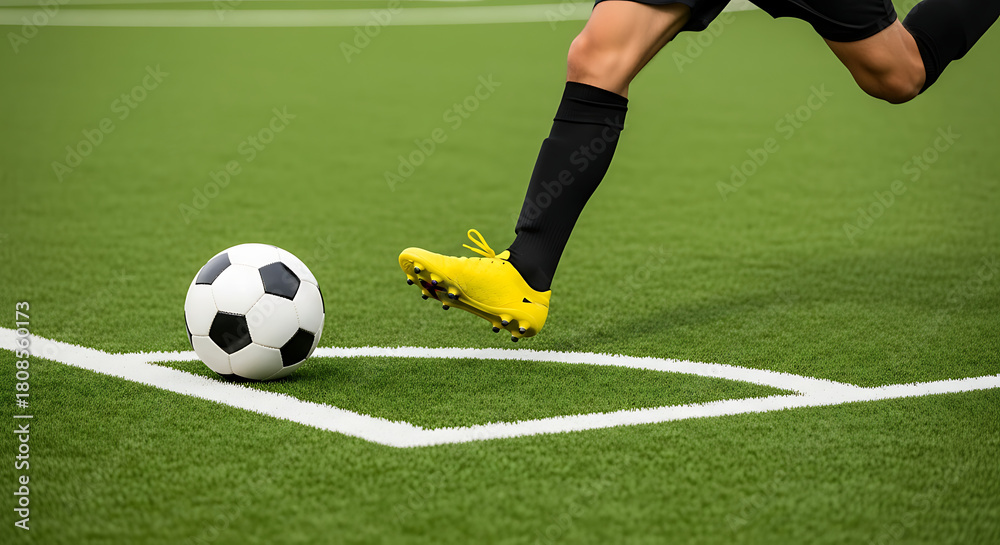 Obraz premium Energetic soccer player's leg and foot in yellow cleats preparing to kick the ball on a vibrant green football pitch corner