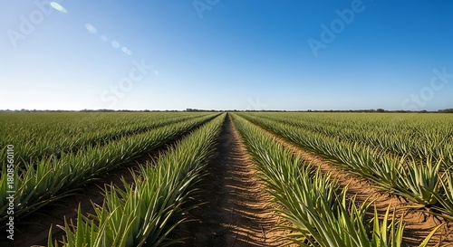 Vast aloe vera field under blue sky - organic plantation view
