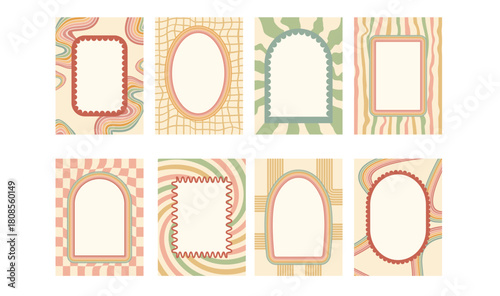 Scallop geometric text boxes frames set. Wavy groovy arch, oval, rectangle borders on checkered and uneven rainbow lines background. Y2k retro decorative callouts on starburst vector blank.