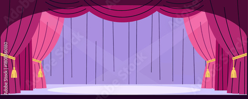Theater stage with red curtains, flat vector illustration