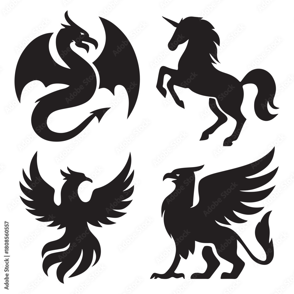 Fototapeta premium Dragon Unicorn Phoenix Griffin Logo Set vector