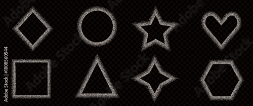 Bake flour geometric shapes frames set. Grainy noise textured white sugar thin lines borders elements. Heart, rectangle, star and twinkle dotwork text boxes. Vector salt geometry callout forms.