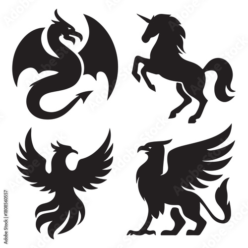 Dragon Unicorn Phoenix Griffin Logo Set vector
