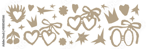 Couple heart shape lockets torn papers. Love symbol silhouette, paper cutout. Hand drawn cut out sticker with crown, star, bow with doodle elements. Vector craft tear Valentine illustration no bg.