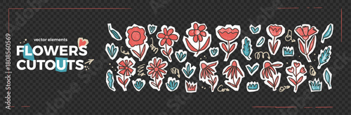 Crayon flowers stickers. Garden plants cutouts set. Paper collage kids chamomile, grass and wildflower shapes. Scrapbook naive sticker floral elements. Scrap doodles pencil texture. Vector collages.