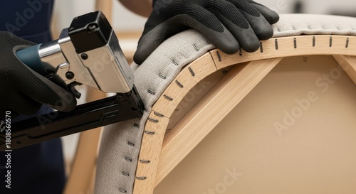 Upholstery process with manual staple gun and fabric on wooden frame