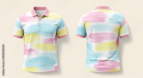Men's polo shirt mockup featuring an all-over pastel watercolor abstract print with horizontal pink, blue, and yellow brush strokes.