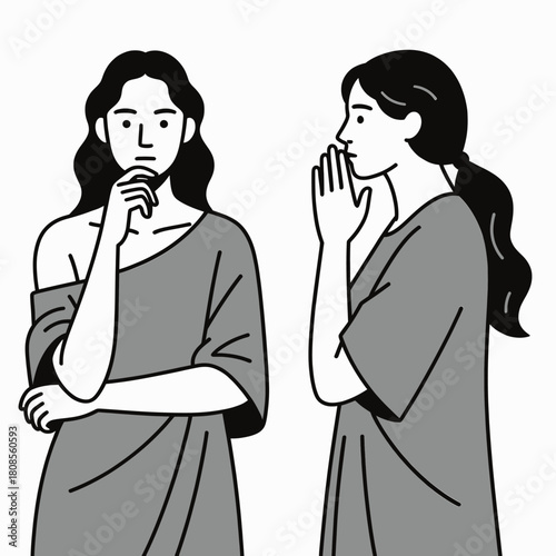 Two women talking in sarees, minimal illustration, face-to-face.