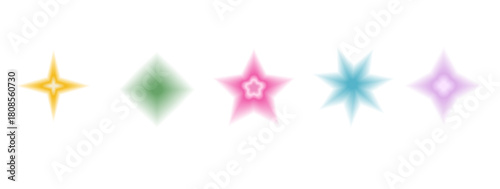 Y2k twinkle stars icons with blur gradient effect. Aura texture shapes. Blinks various colors gradation set. Vector simples forms on transparent background.