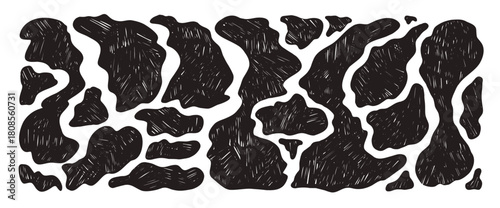 Abstract shapes blob linocut pattern. Irregular free form liquid elements background. Abstract amoeba blob spots. Uneven camouflage animal print. Simple mini splashes. Vector cow bg illustration.