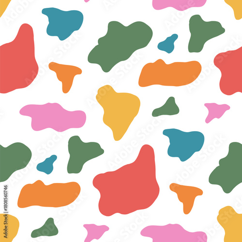 Multicolor seamless cow print pattern with orange, blue, green, and pink blobs. Spot freeform shape and irregular modern look. Kids abstract vector seamless pattern. Simple animal skin design.