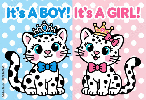 Cute cartoon kittens with bows and crowns gender reveal illustration