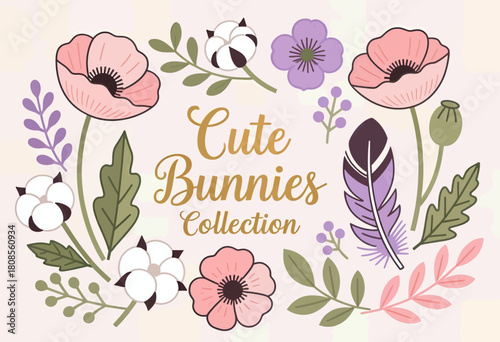 Cute floral illustration set with delicate botanical design and soft colors