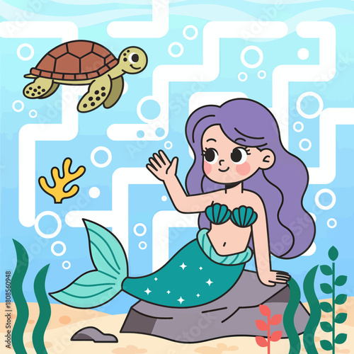 Cute mermaid illustration with turtle, playful underwater scene, vector style