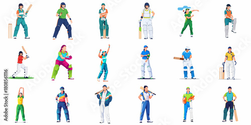 Flat Design Various Poses Woman Cricket Player in Action Sports Illustration