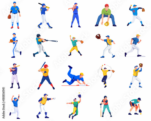 Flat Style Various Baseball Player Action Pose Sport Illustration