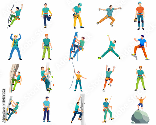 Flat Design Diverse Collection of Rock Climber People Sport Illustration