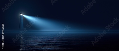 A lighthouse beam shines on the horizon illuminating an empty sea at night with blue light reflecting off calm water creating ripples