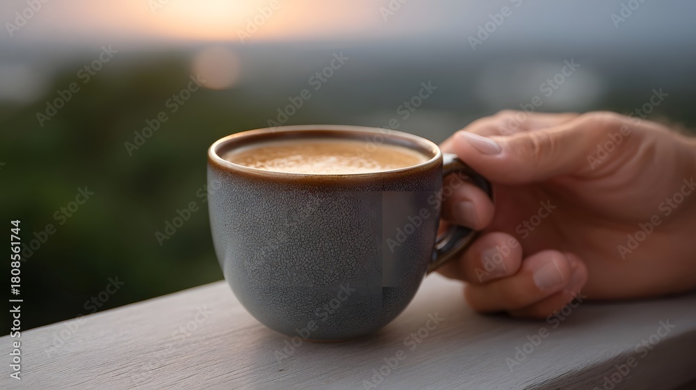 Naklejka premium A hand holds a ceramic cup of coffee with foam art against a blurred natural background at twilight