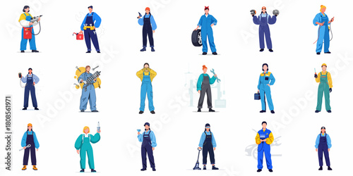 Flat Design Set of Diverse Repairman Character in Blue Overalls Illustration