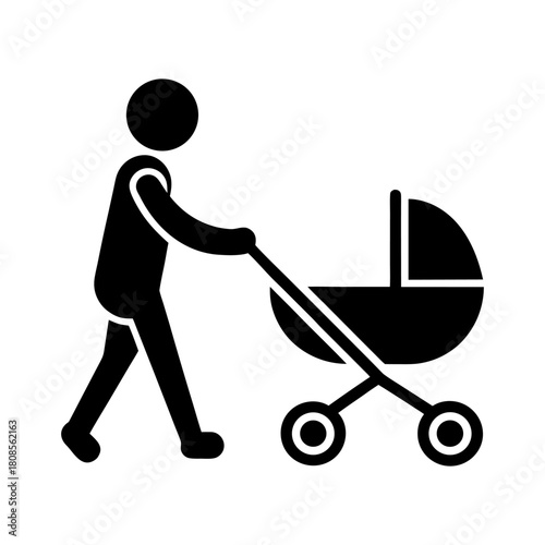 Parent and Stroller Silhouette Icon Isolated on White.