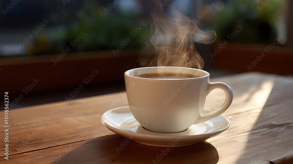 Fototapeta premium Steaming hot coffee in a white cup and saucer on a wooden table illuminated by warm sunlight