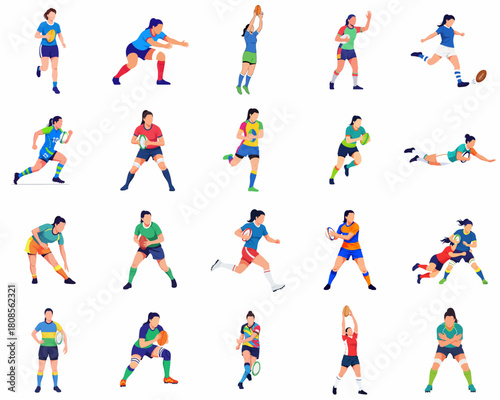 Geometric Low Poly Female Rugby Player Action Poses Sport Illustration