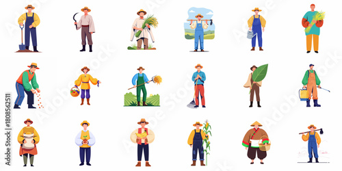 Flat Design Set of Farmers Doing Agricultural Work Character Illustration