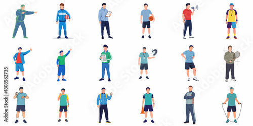 Flat Illustration Set of Coach Character in Different Activity Sport