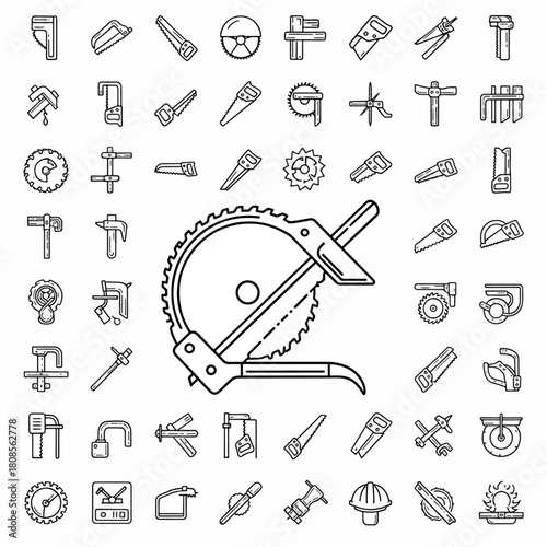 Collection of vector icons representing various hand tools and power saws for construction and DIY projects