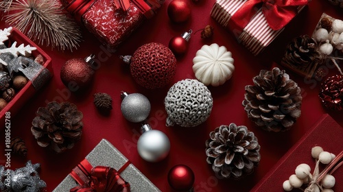 Festive Holiday Decorations with Gifts, Ornaments, Pinecones, and Red Background for a Cheerful Christmas Atmosphere and Seasonal Celebrations