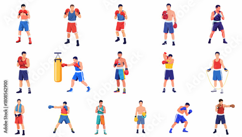 Diverse Flat Character Set of Boxing Athlete Training Poses Illustration