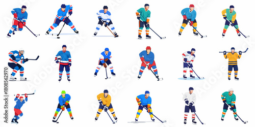 Minimalist Flat Style Full Body Hockey Player Action Pose Illustration Set