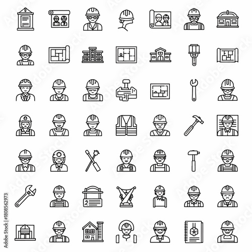 Construction and Engineering Icon Set Featuring Builders, Architects, Tools, and Blueprints for Design Projects