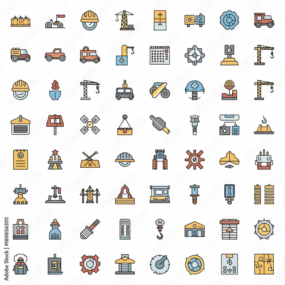 Obraz premium Construction and Industry Icons Set Vector Graphics Flat Design Symbols Set Building Tools Equipment Industry Icons