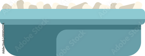 Blue rectangular litter box full of clumping cat litter for domestic animals, side view illustration