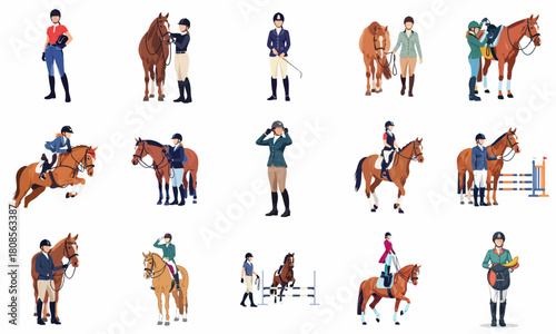Pixelated Equestrian Sport Athlete Rider and Horse Collection Set Illustration