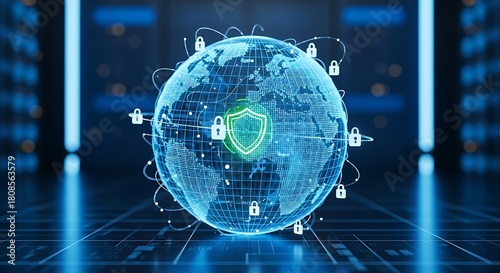 Global cybersecurity: secure digital network with data protection shield