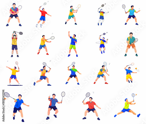 Isometric Detailed Male Badminton Player Action Pose Set Illustration
