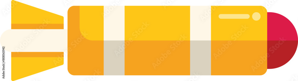 Naklejka premium Yellow underwater rocket torpedo with fins and a red warhead floating in water