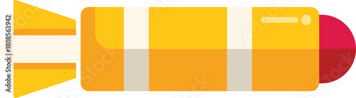 Yellow underwater rocket torpedo with fins and a red warhead floating in water