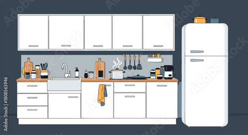 Modern kitchen interior design with clean white cabinets wooden countertops and a steaming pot on the stove for home cooking.