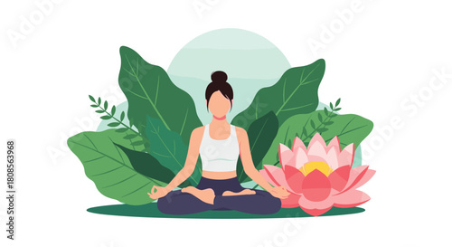 Serene woman practicing yoga meditation in the lotus position surrounded by lush green leaves and a large pink lotus flower.