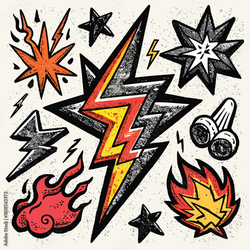 Comic book style illustrations of explosions, lightning, and stars. comic