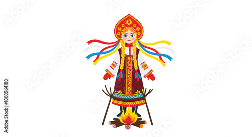 Illustration of a traditional Russian girl in folk costume celebrating Maslenitsa by standing over a ceremonial bonfire.