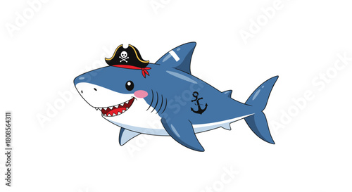 Cute and friendly cartoon shark character wearing a pirate hat with a skull and crossbones and an anchor tattoo smiling.