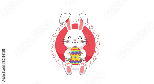 Adorable white Easter bunny holding a colorful decorated egg sitting inside a pink circle framed with small white hearts.