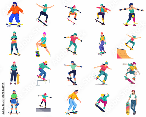Cartoon Flat Style Collection of Skateboarders Doing Different Tricks Illustrations